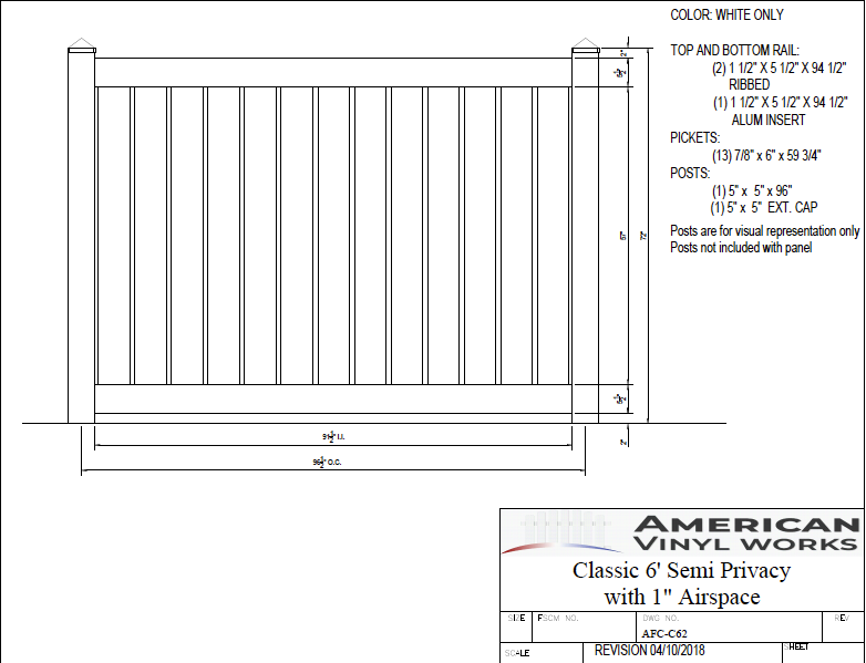 6' Tall x 8' Wide Semi Private Fence with 1" Air Space For Vinyl Fences