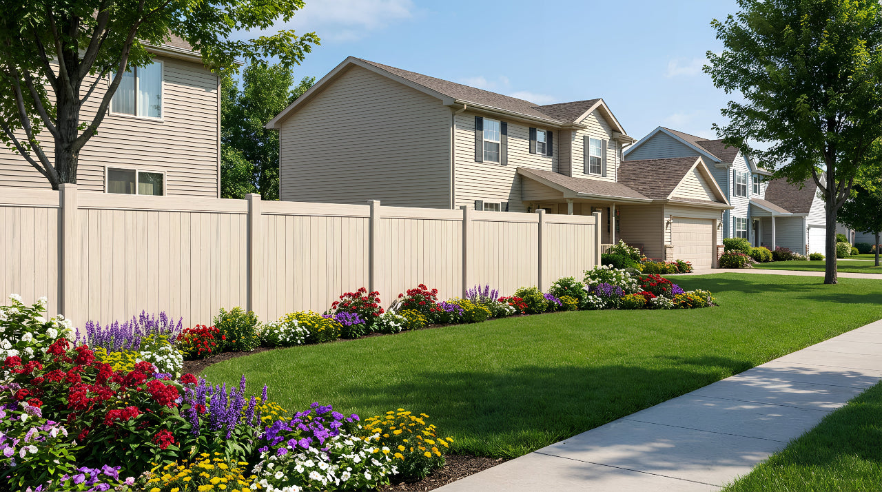Neighborhood with houses, an aspen latte-colored vinyl privacy fence, and a well-maintained flowery garden.