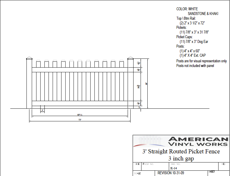 3' Tall x 6' Wide Straight Routed Picket Fence with 3" Air Space For Vinyl Fences