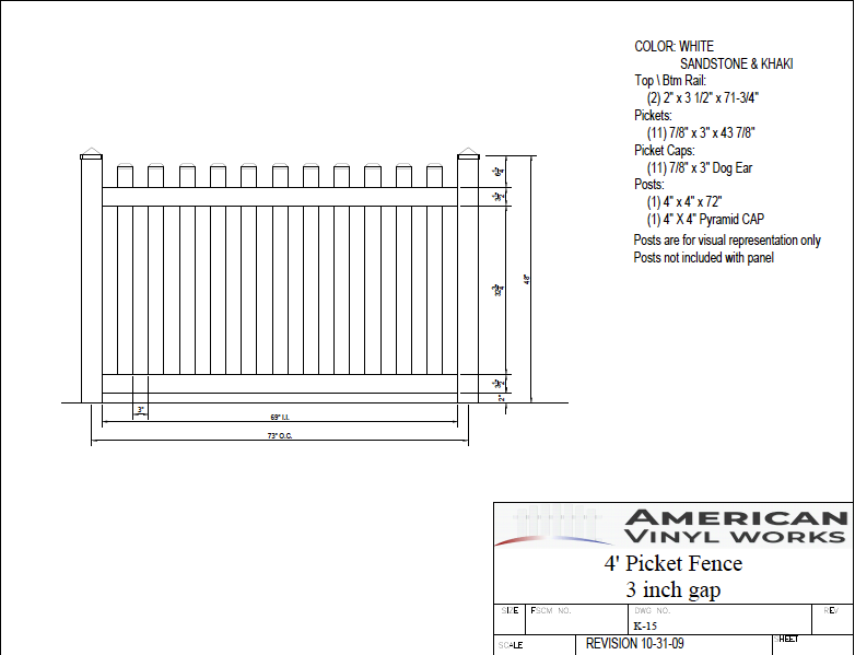 4' Tall x 6' Wide Picket Fence Panel with 3" Air Space For Vinyl Fences
