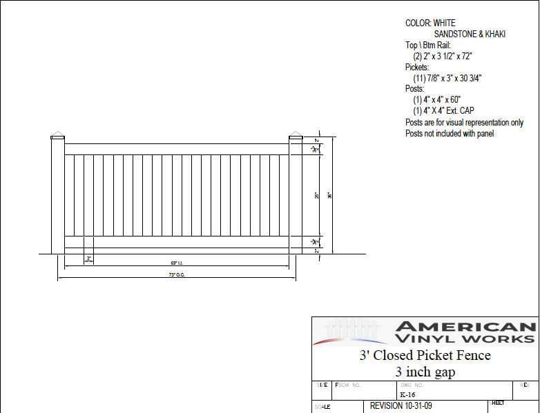 3' Tall x 6' Wide Closed Picket Fence Panel with 3" Air Space For Vinyl Fences
