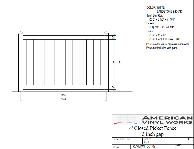 4' Tall x 6' Wide Closed Picket Fence Panel with 3" Air Space For Vinyl Fences