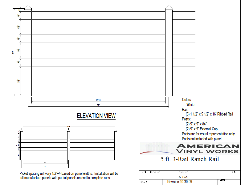 5' Tall 3 Rail Split Ranch Rail For Vinyl Fences