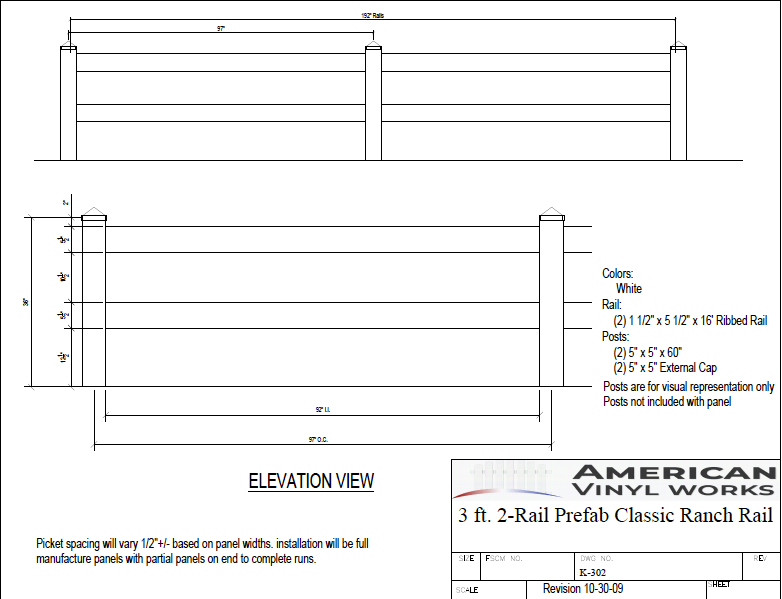 3' Tall 2 Rail Split Ranch Rail For Vinyl Fences