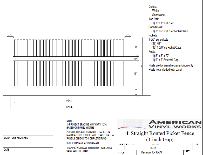4' Tall x 8' Wide Straight Routed Picket Fence with 1" Air Space For Vinyl Fences