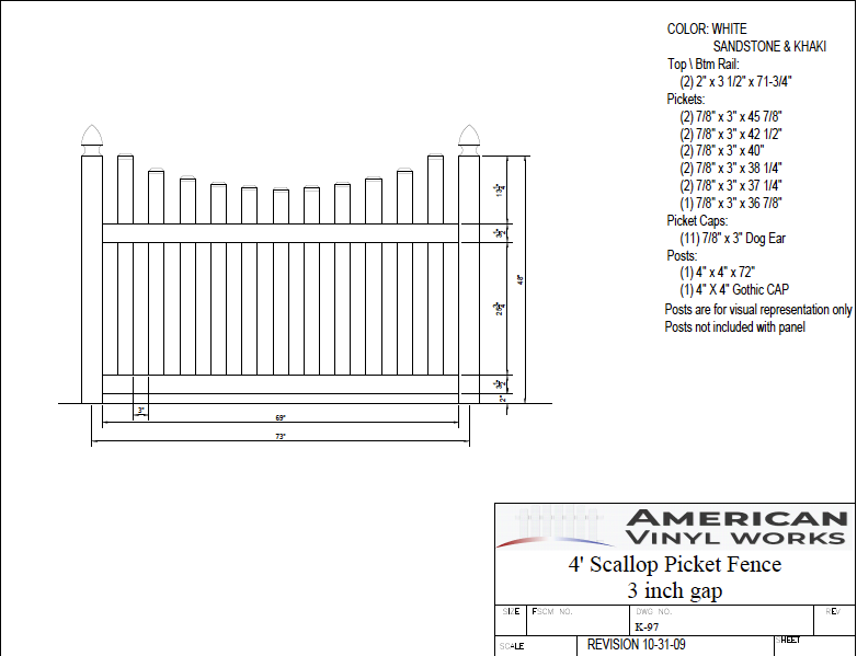 4' Tall x 6' Wide Underscallop Picket Fence with 3" Air Space For Vinyl Fences