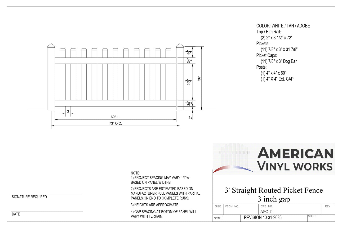 3' Tall x 6' Wide Straight Routed Picket Fence Panel w/ 3" Gap For Vinyl Fences (AFC-11)