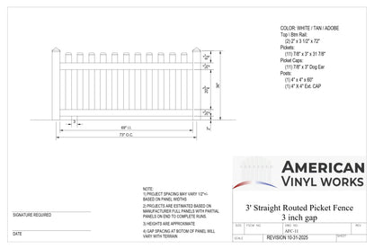 3' Tall x 6' Wide Straight Routed Picket Fence Panel w/ 3" Gap For Vinyl Fences (AFC-11)