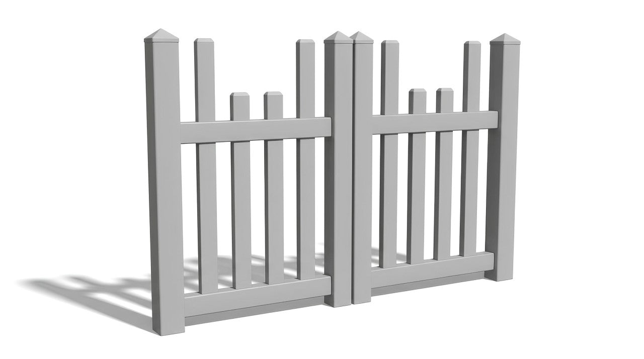 A gray three-foot double drive vinyl gate.