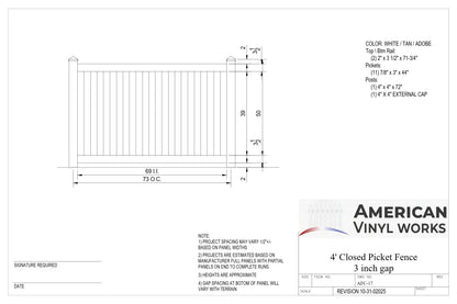 [150 Feet of Fence] 4' Tall Closed Picket AFC-17 Vinyl Complete Fence Package