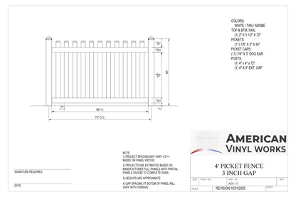 4' Tall x 6' Wide Picket Fence Panel w/ 3" Gap For Vinyl Fences (AFC-15)