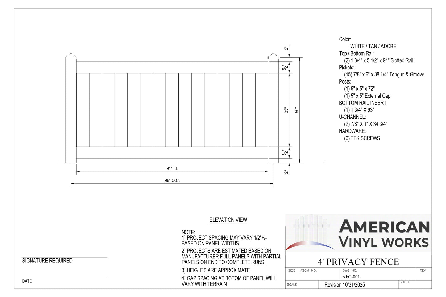 [100 Feet of Fence] 4' Tall Privacy AFC-001 Vinyl Complete Fence Package