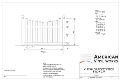 4' Tall x 6' Wide Underscallop Picket Fence Panel w/ 3" Gap (AFC-97)