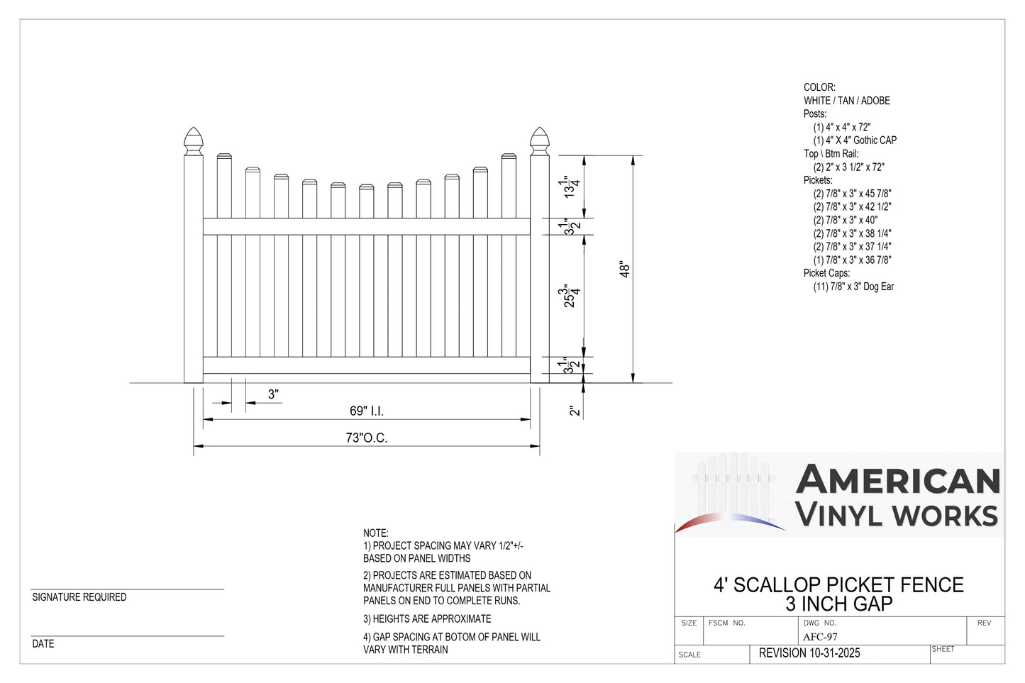 [PRICE PER FOOT] 4' Tall Underscallop AFC-97 Vinyl Fence