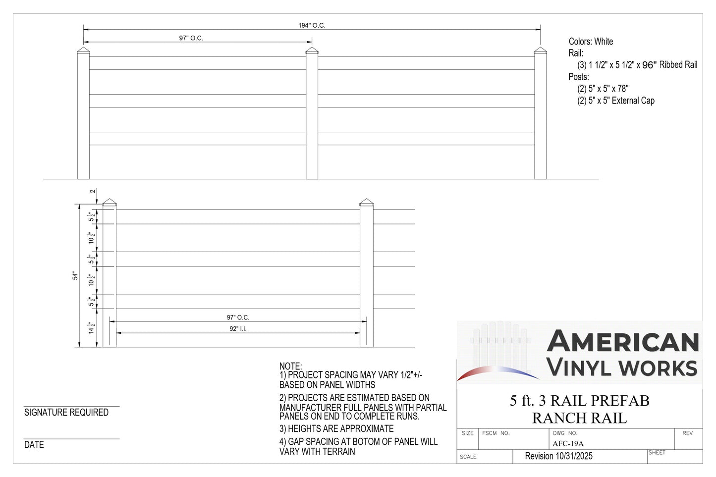 [200 Feet of Fence] 5' tall 3-Rail Ranch Rail AFC-19A Vinyl Complete Fence Package