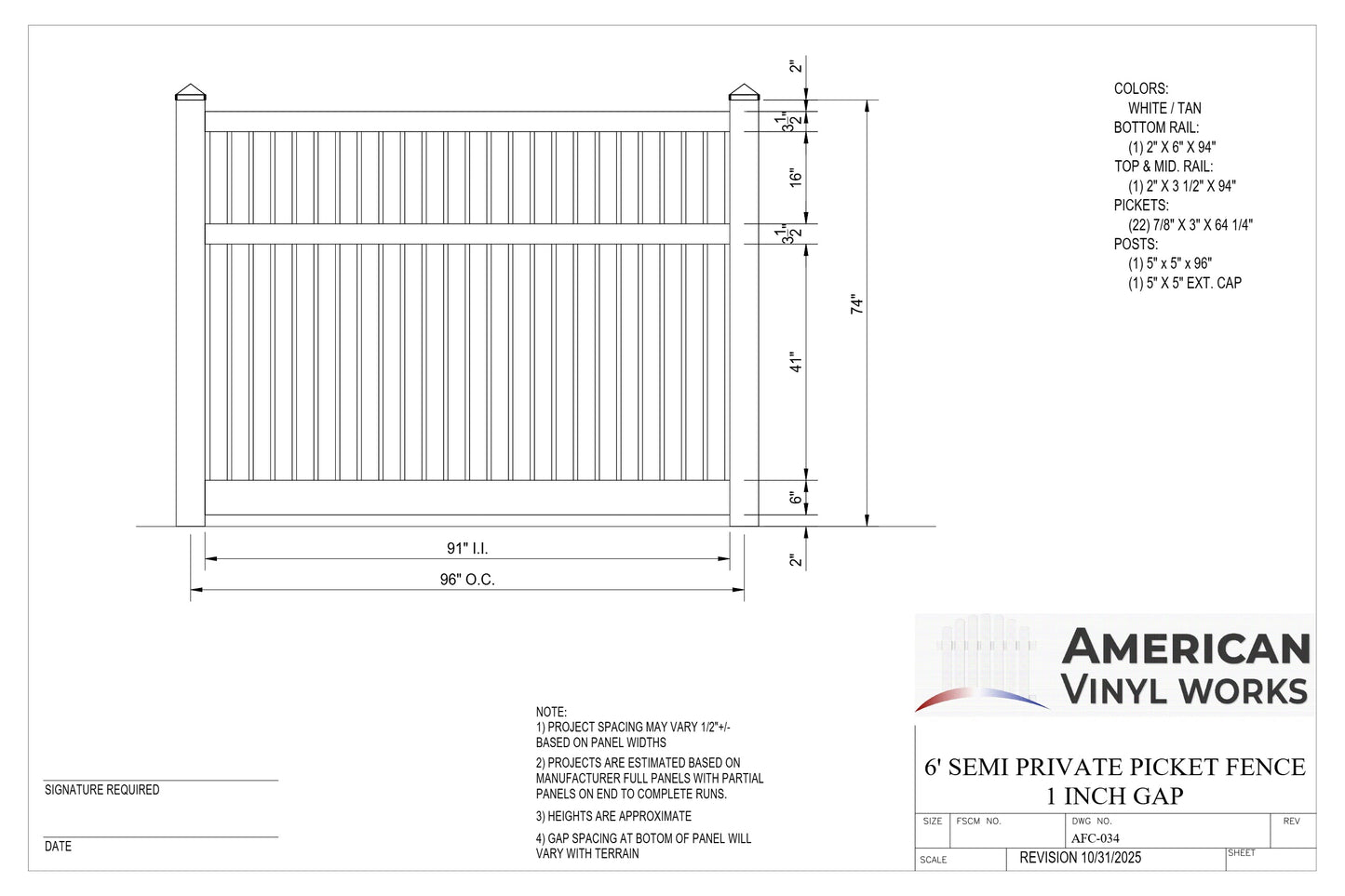 6' Tall x 8' Wide Semi-Private Picket Fence Panel For Vinyl Fences (AFC-034)