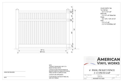 6' Tall x 8' Wide Pool Closed Picket Fence Panel For Vinyl Fences (AFC-017)