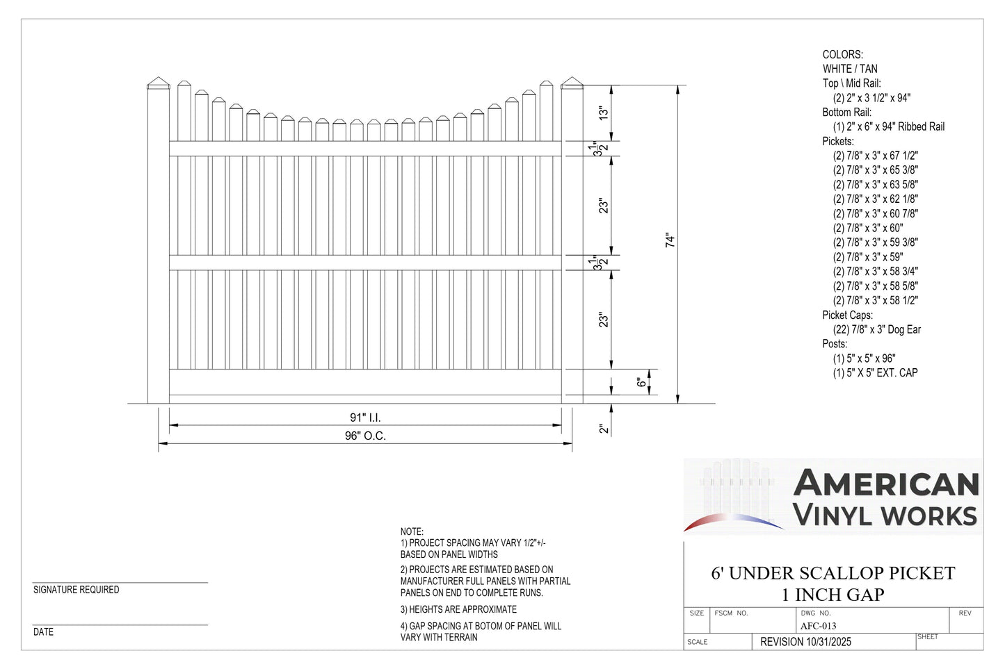 6' Tall x 8' Wide Underscallop Picket Fence Panel w/ 1" Gap For Vinyl Fences (AFC-013)