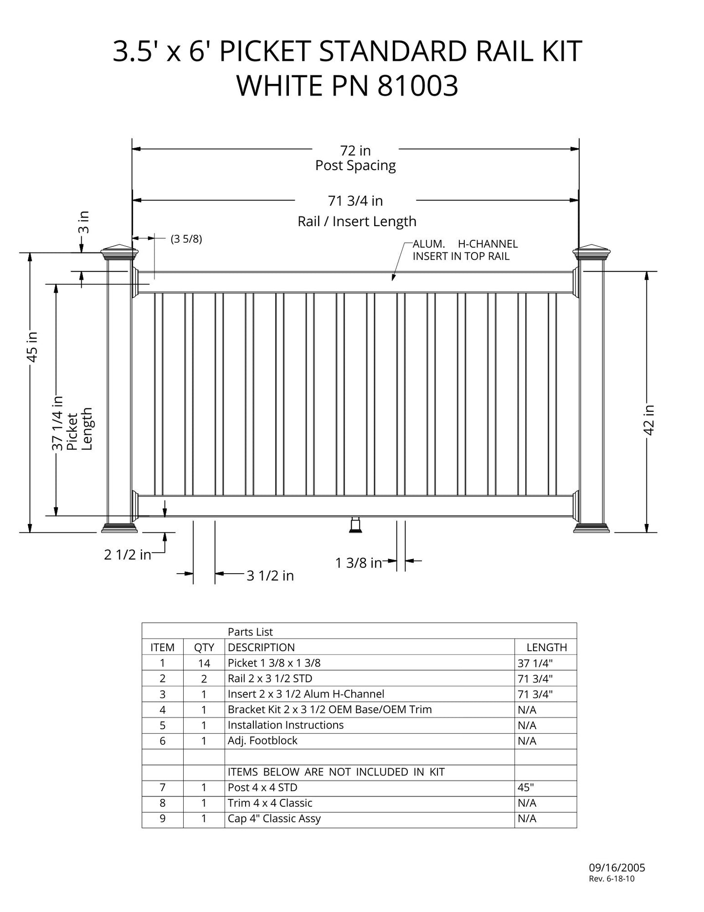 3.5' Tall x 6' Length - Picket Standard Rail Kit