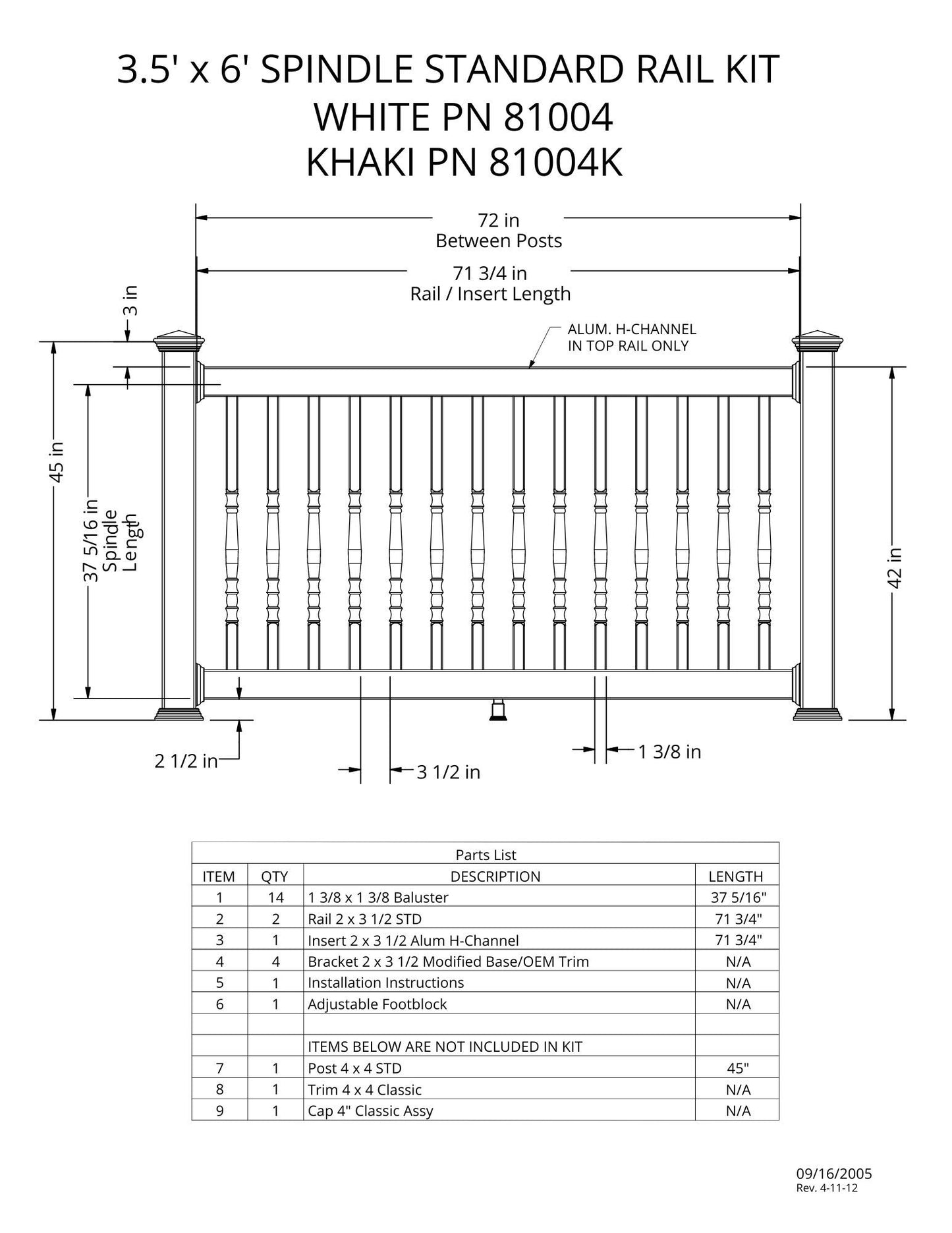 3.5' Tall x 6' Length - Spindle Standard Rail Kit