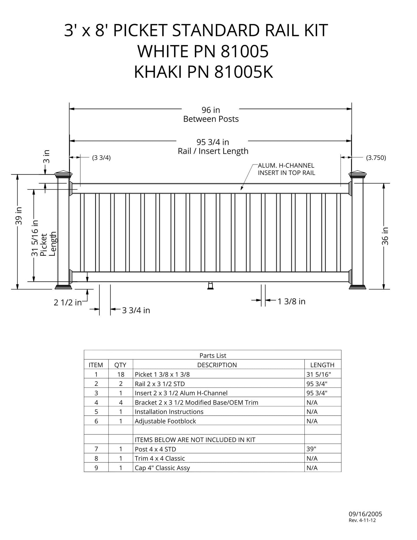 3' Tall x 8' Length - Picket Standard Rail Kit