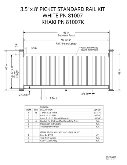 [Bundle Of 24 Kits] 3.5' Tall x 8' Length - Picket Standard Rail Kit