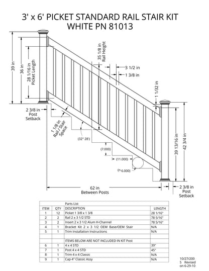 3' Tall x 6' Length - Picket Standard Rail Stair Kit