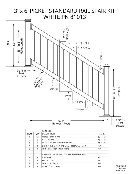 3' Tall x 6' Length - Picket Standard Rail Stair Kit