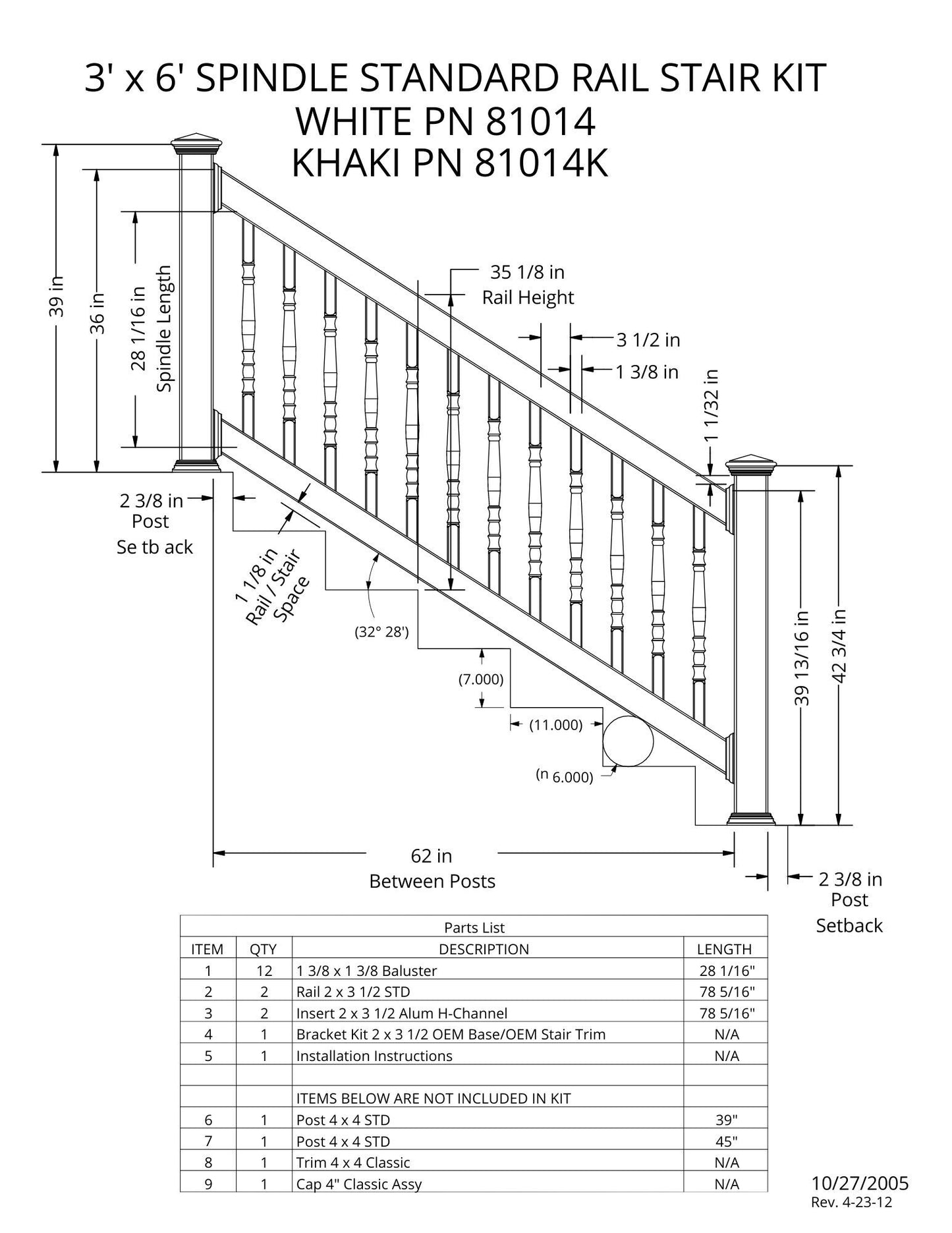 3' Tall x 6' Length - Spindle Standard Rail Stair Kit