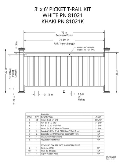 3' Tall x 6' Length - Picket T-Rail Kit