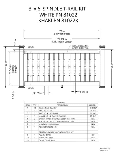 3' Tall x 6' Length - Spindle T-Rail Kit