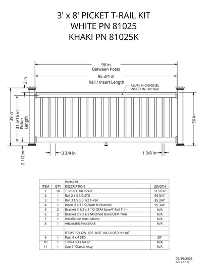 3' Tall x 8' Length - Picket T-Rail Kit