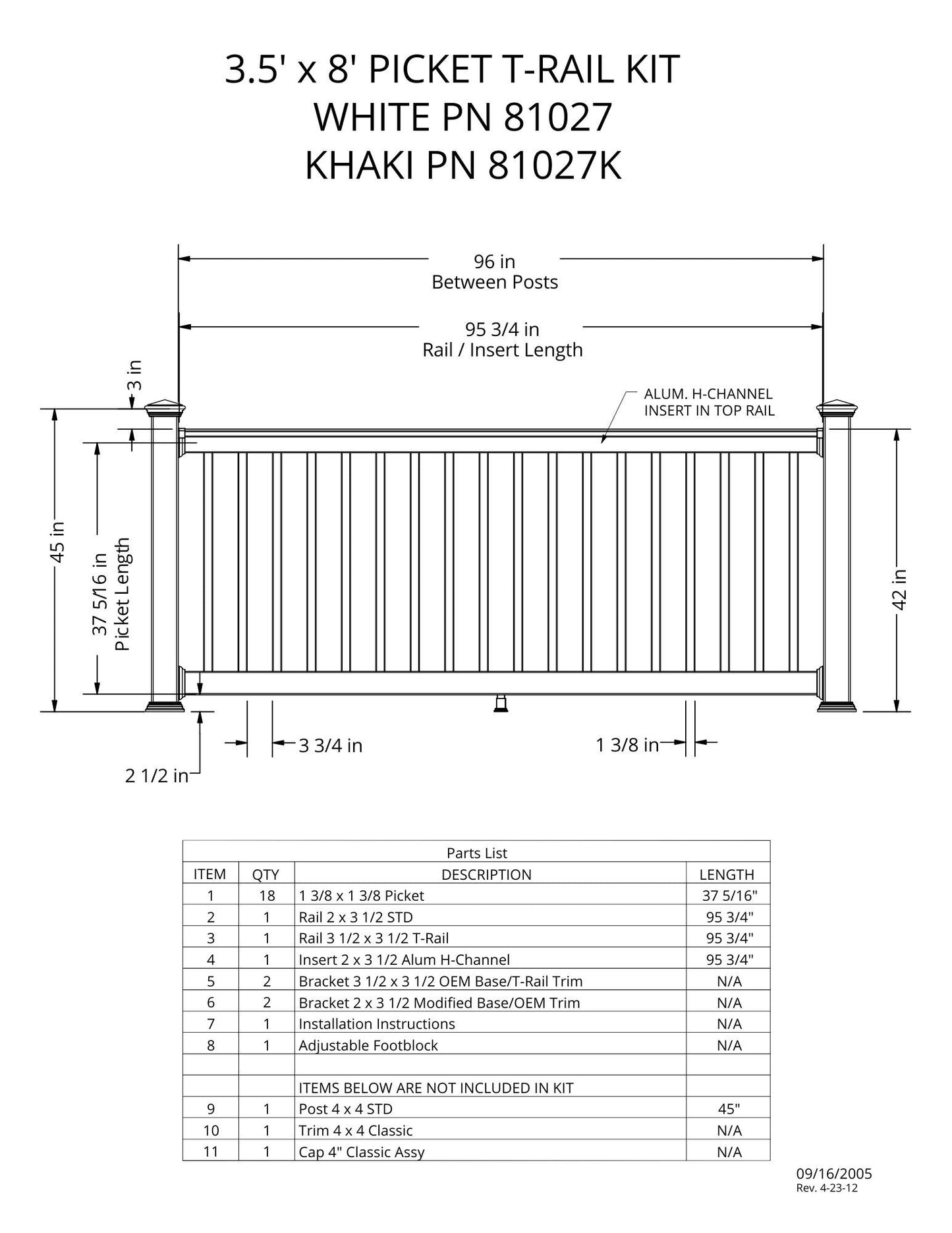 3.5' Tall x 8' Length - Picket T-Rail Kit