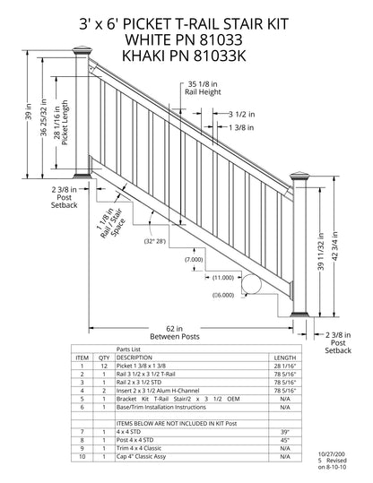 3' Tall x 6' Length - Picket T-Rail Stair Kit