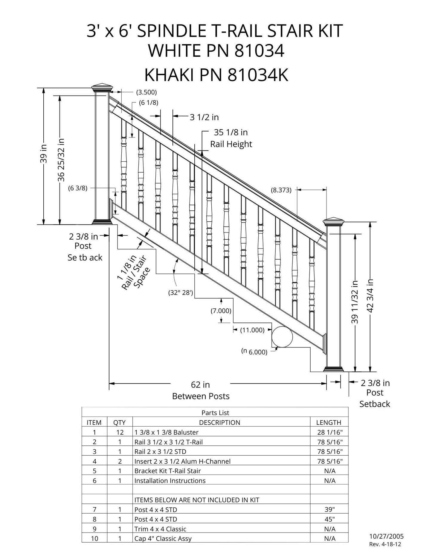 3' Tall x 6' Length - Spindle T-Rail Stair Kit