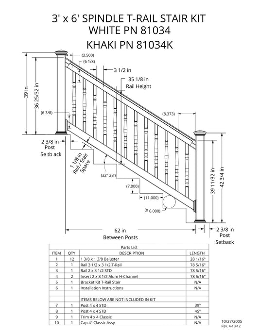 3' Tall x 6' Length - Spindle T-Rail Stair Kit