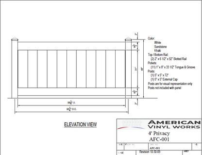 [Price Per Foot - AFC-001] 4' Tall Privacy Fence For Vinyl Fences