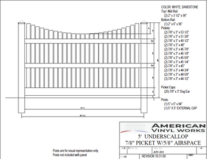 [AFC-003] 5' Tall x 8' Wide Underscallop Fence Panel with 5/8" Air Space For Vinyl Fences