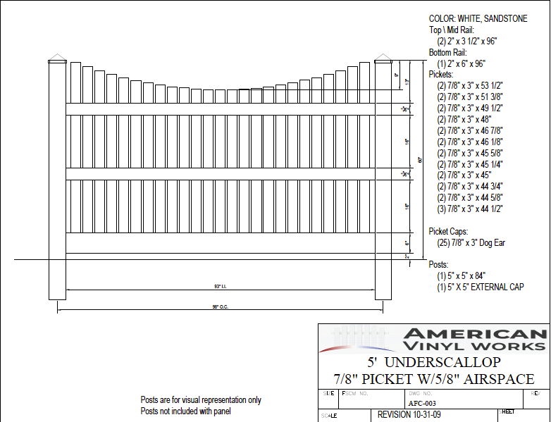 [Price Per Foot - AFC-003] 5' Tall Underscallop Fence with 5/8" Air Space For Vinyl Fences
