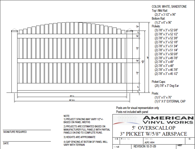 [AFC-004] 5' Tall x 8' Wide Overscallop Fence with 5/8" Air Space For Vinyl Fences