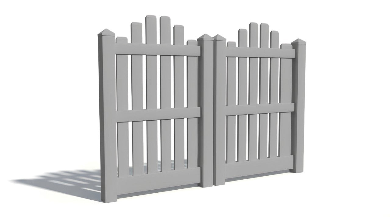 Two 3' light gray PVC fence panels with overscalloped profiles.