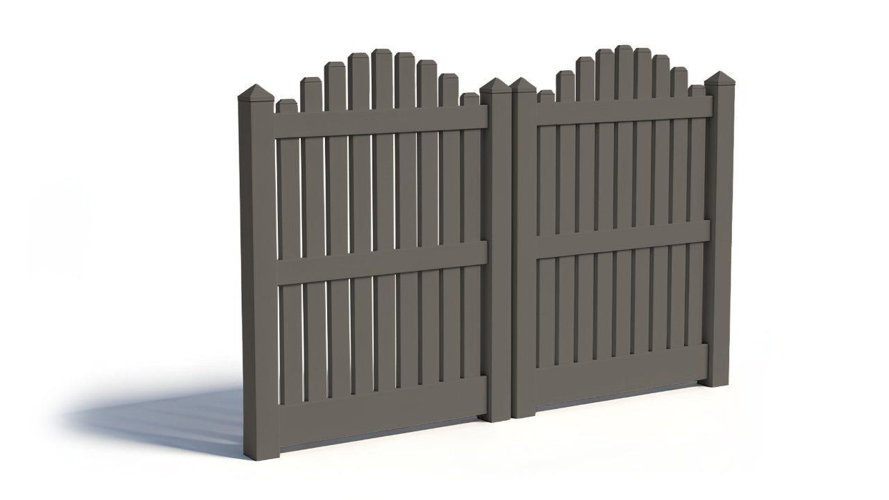 Two overscallop vinyl gate doors with dark gray coloring.