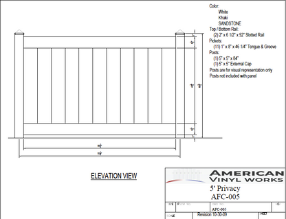 [Price Per Foot - AFC-005] 5' Tall Privacy Fence For Vinyl Fences