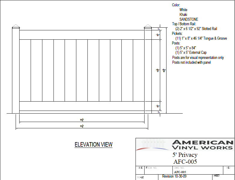 [AFC-005] 5' Tall x 8' Wide Privacy Fence For Vinyl Fences