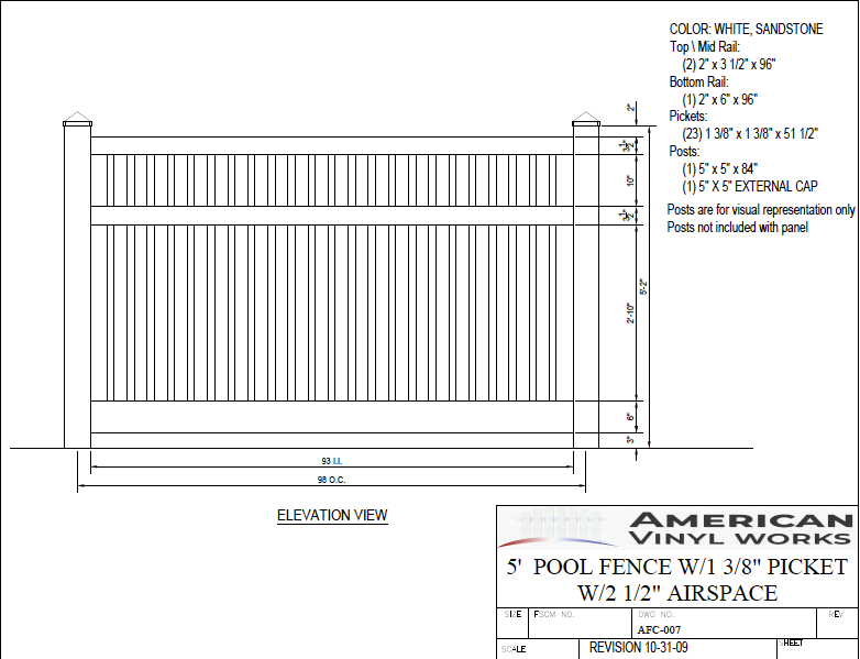 [Price Per Foot - AFC-007] 5' Tall Closed Picket Pool Fence with 2-1/2" Air Space For Vinyl Fences