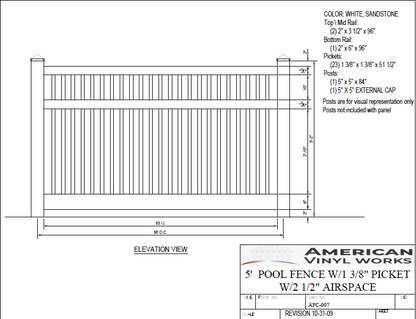 [Price Per Foot - AFC-007] 5' Tall Closed Picket Pool Fence with 2-1/2" Air Space For Vinyl Fences