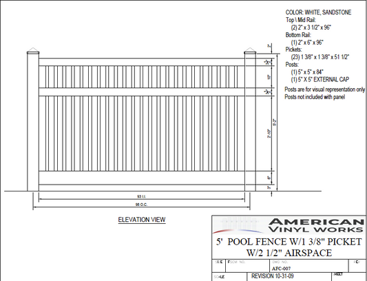 [AFC-007] 5' Tall x 8' Wide Closed Picket Pool Fence with 2-1/2" Air Space For Vinyl Fences