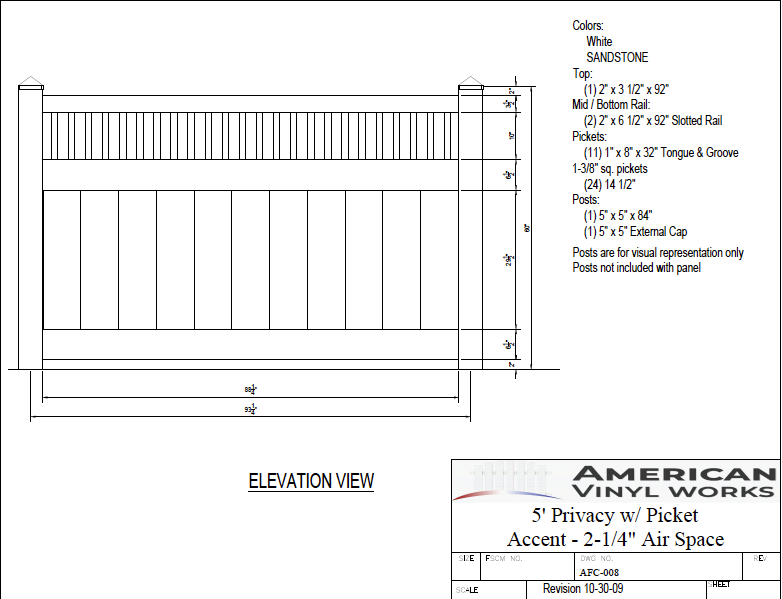 [Price Per Foot - AFC-008] 5' Tall Privacy Fence with Picket Accent with 2-1/4" Air Space For Vinyl Fences