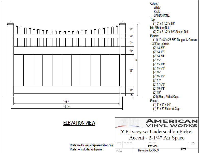 [Price Per Foot - AFC-009] 5' Tall Privacy Fence with Underscallop Picket Accent with 2-1/4" Air Space For Vinyl Fences