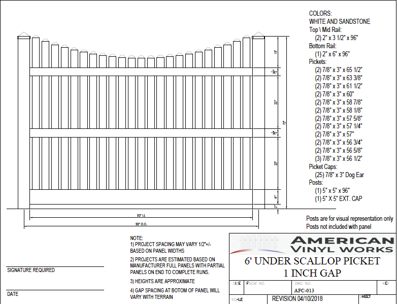 [Price Per Foot - AFC-013] 6' Tall Underscallop Fence with 1" Air Space For Vinyl Fences